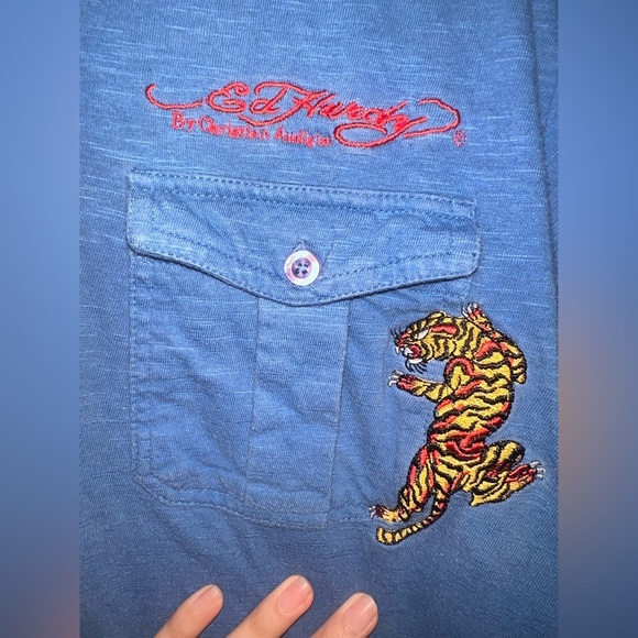 Ed Hardy Blue Polo Tiger Embroidery Y2K Mens Large - Picture 3 of 5